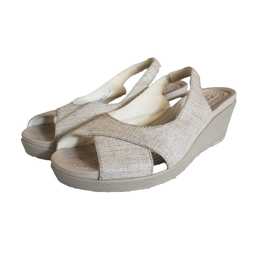 Crocs Leigh-Ann Shimmer Slingback Wedge Sandals Beige Metallic Women's Size 8